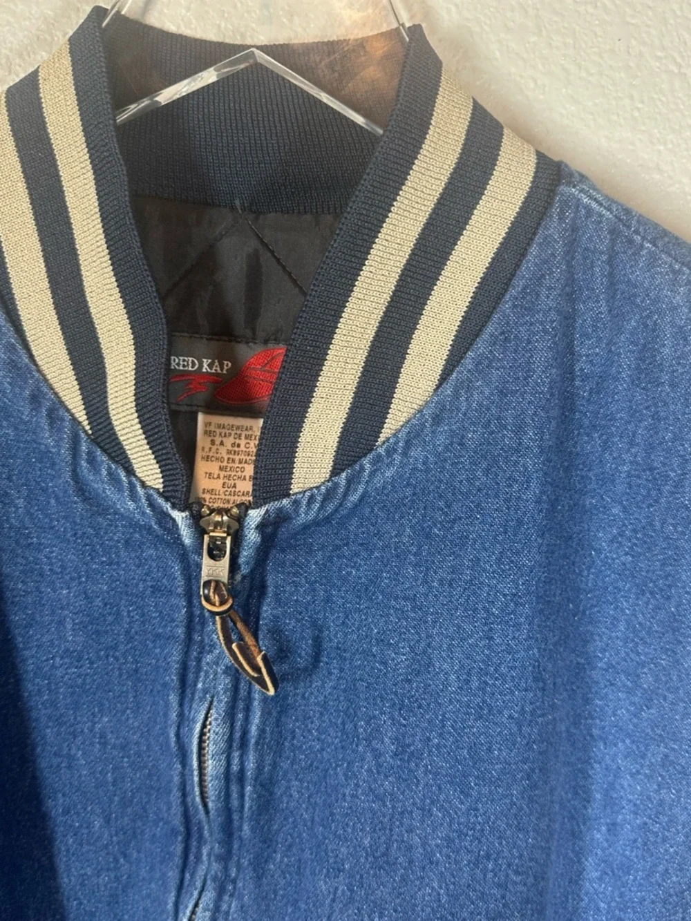 Vintage RED KAP Men's XL Denim Varsity Jacket with Quilted Lining